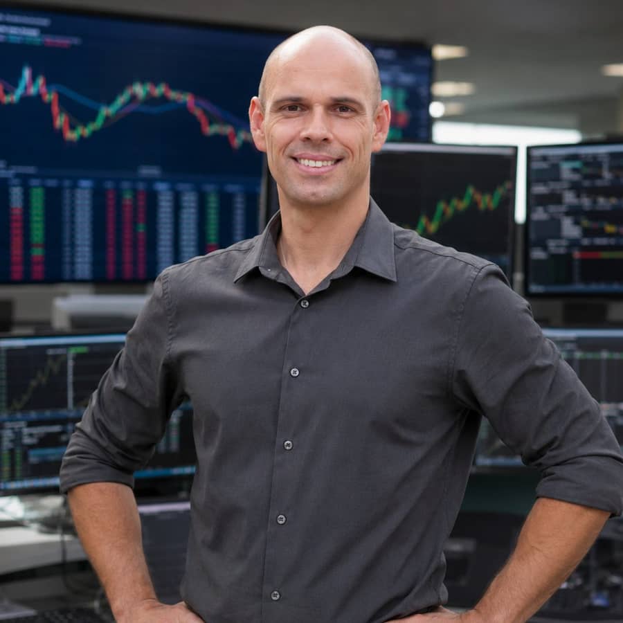 Ricardo Stasinski numa mesa de operações, diante de telas de cotações.